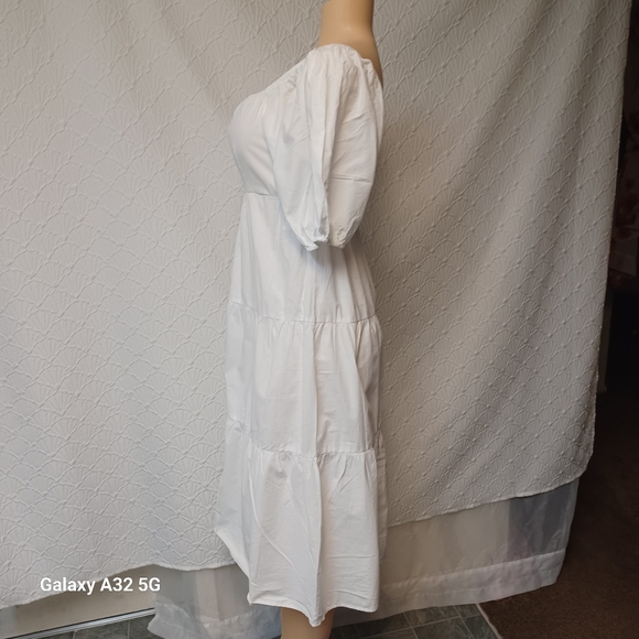 SIM Y SAM Women Size M Elegant White Puff Sleeve Dress100% Cotton Lining - Picture 5 of 13